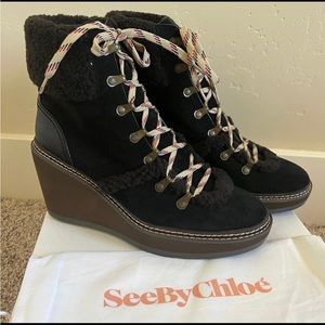 NEW See by CHLOÉ Chocolate Brown Wedge SHEARLING Fur Winter Hiking Booties EU 41